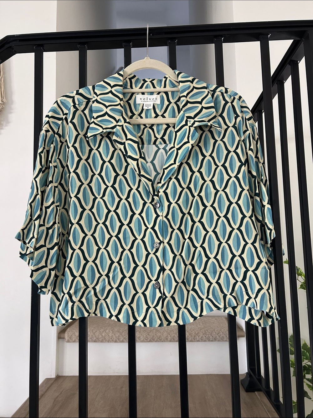 Velvet Teal and Cream Geometric Short Button-Up Shirt